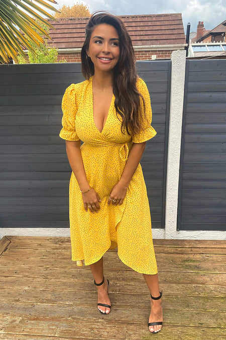 Yellow Polka Dot Wrap Midi Dress – AX Paris